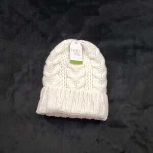 Adult Beanie Cable Knit Cuffed Lined No Pom Repreve Time & Tru Toboggan White OS
